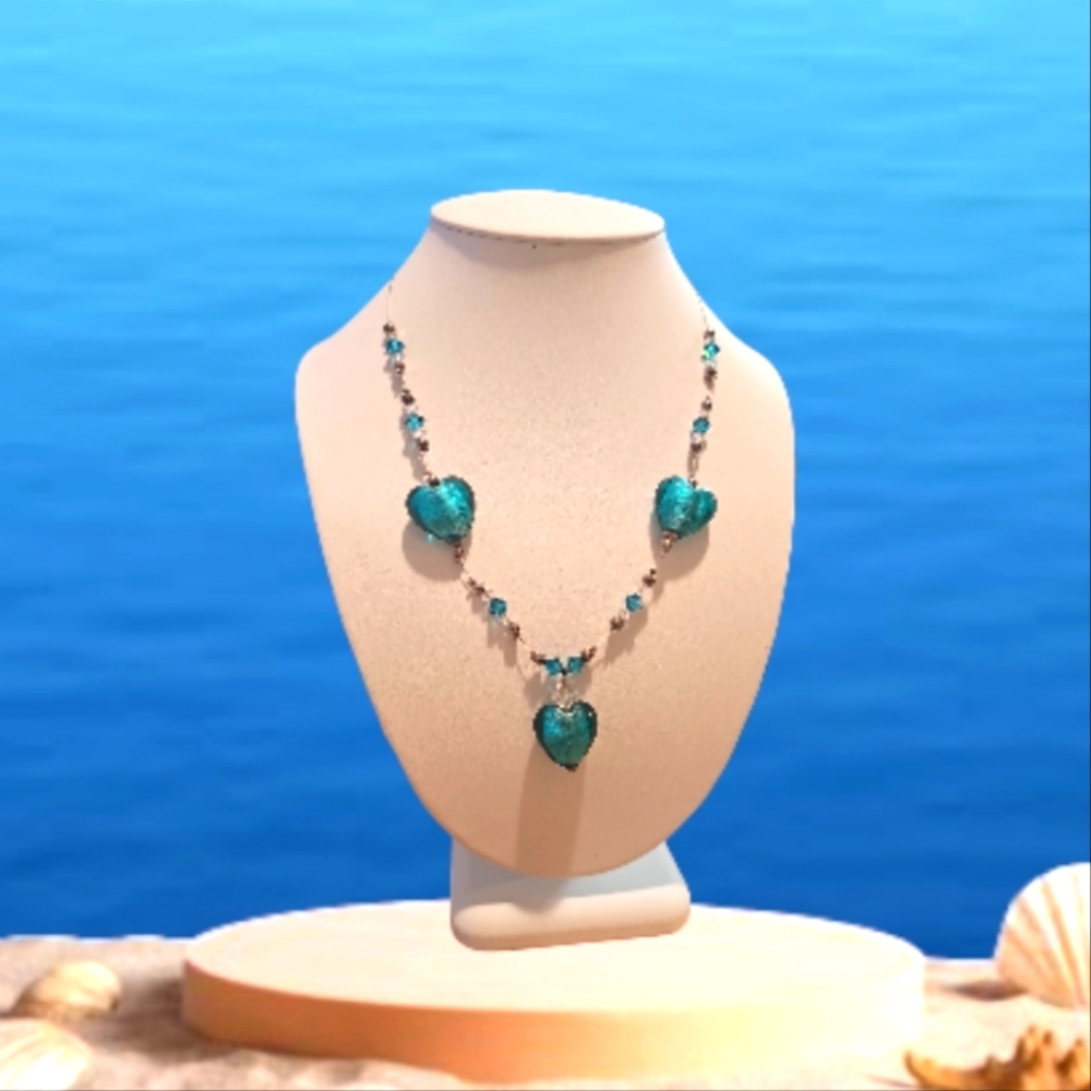 Vintage Murano Three Glass Hearts Bead with Swarovski Crystal Necklace.